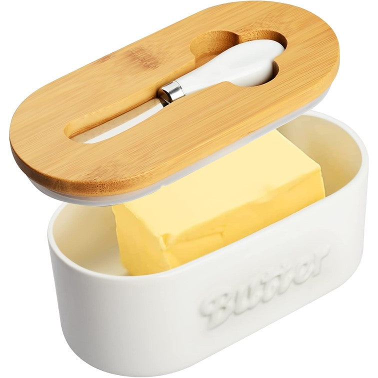 Mantequillera Hermetica con Tapa de Bambu y Cortador Recipiente para Mantequilla