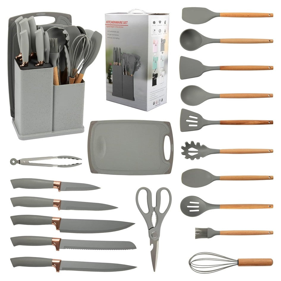 Juego de Utensilios de Cocina de 19 piezas con Base y Tabla de Cortar