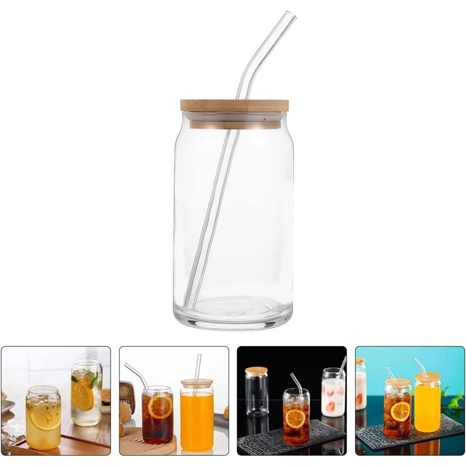 Vaso Lata de Vidrio con Tapa de Bambú y Bombilla 550ml Unidad