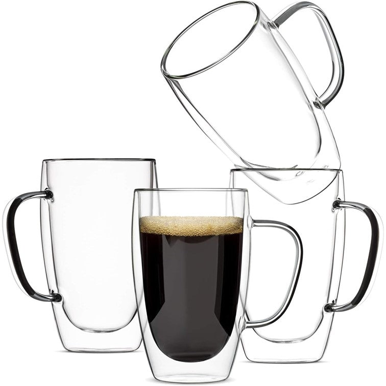 Set de 4 Tazas de Café Mug Vidrio de Doble Pared de 16 Onzas con Asa Meway