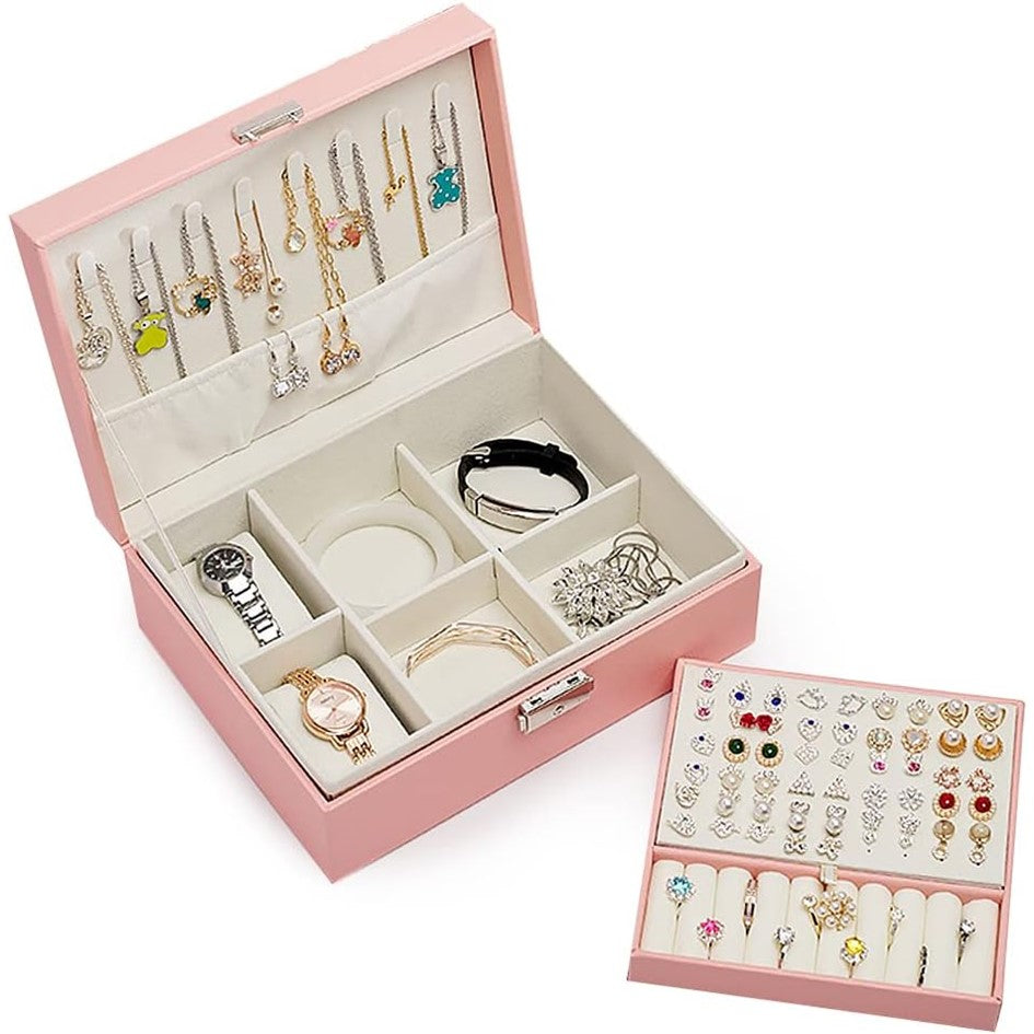 Organizador de Joyas de Cuero Multifuncional de 2 Capas con Cerradura