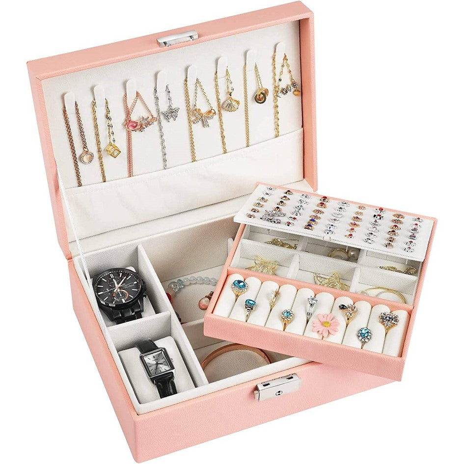 Organizador de Joyas de Cuero Multifuncional de 2 Capas con Cerradura
