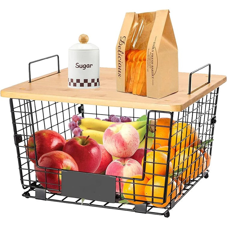 Cesta Organizadorcon Tapa de Bambú Almacenamiento para Frutas y Verduras