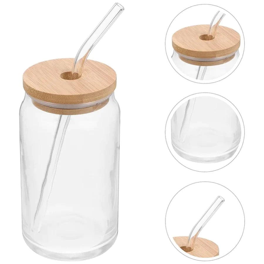 Pack 10 Vasos Lata de Vidrio con Tapa de Bambú y Bombilla 550ml