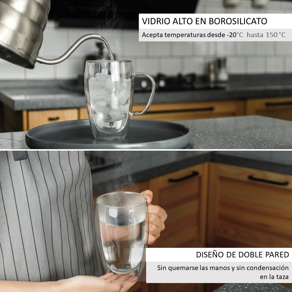 Set de 4 Tazas de Café Mug Vidrio de Doble Pared con Asa Meway