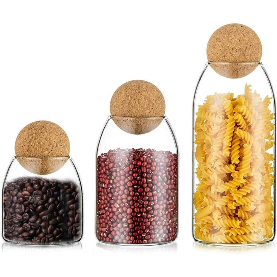 Set 3 tarros de Almacenamiento de Vidrio con Tapa de Corcho Esférica