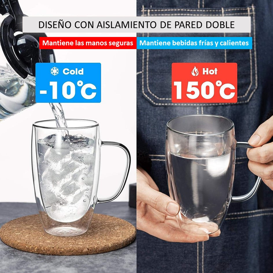Set de 4 Tazas de Café Mug Vidrio de Doble Pared con Asa Meway