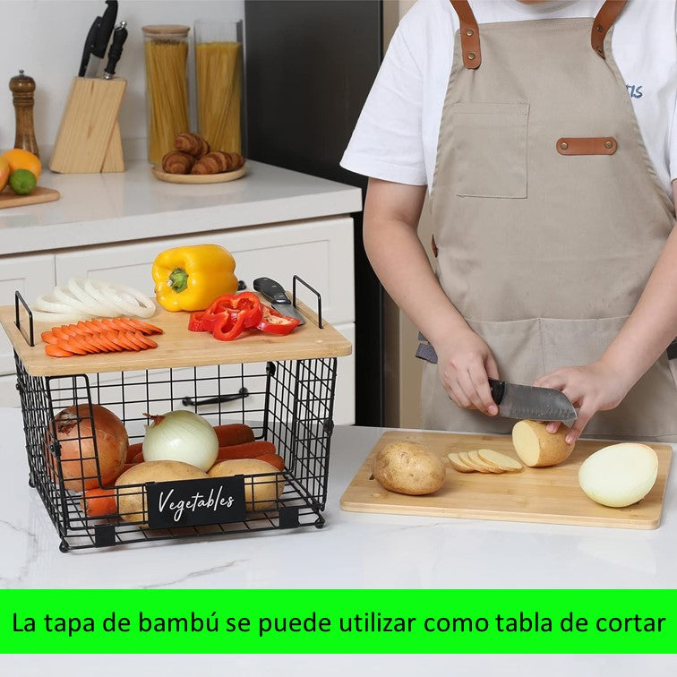 Set de 2 Cestas Organizador con Tapa de Bambú Almacenamiento para Frutas y Verduras