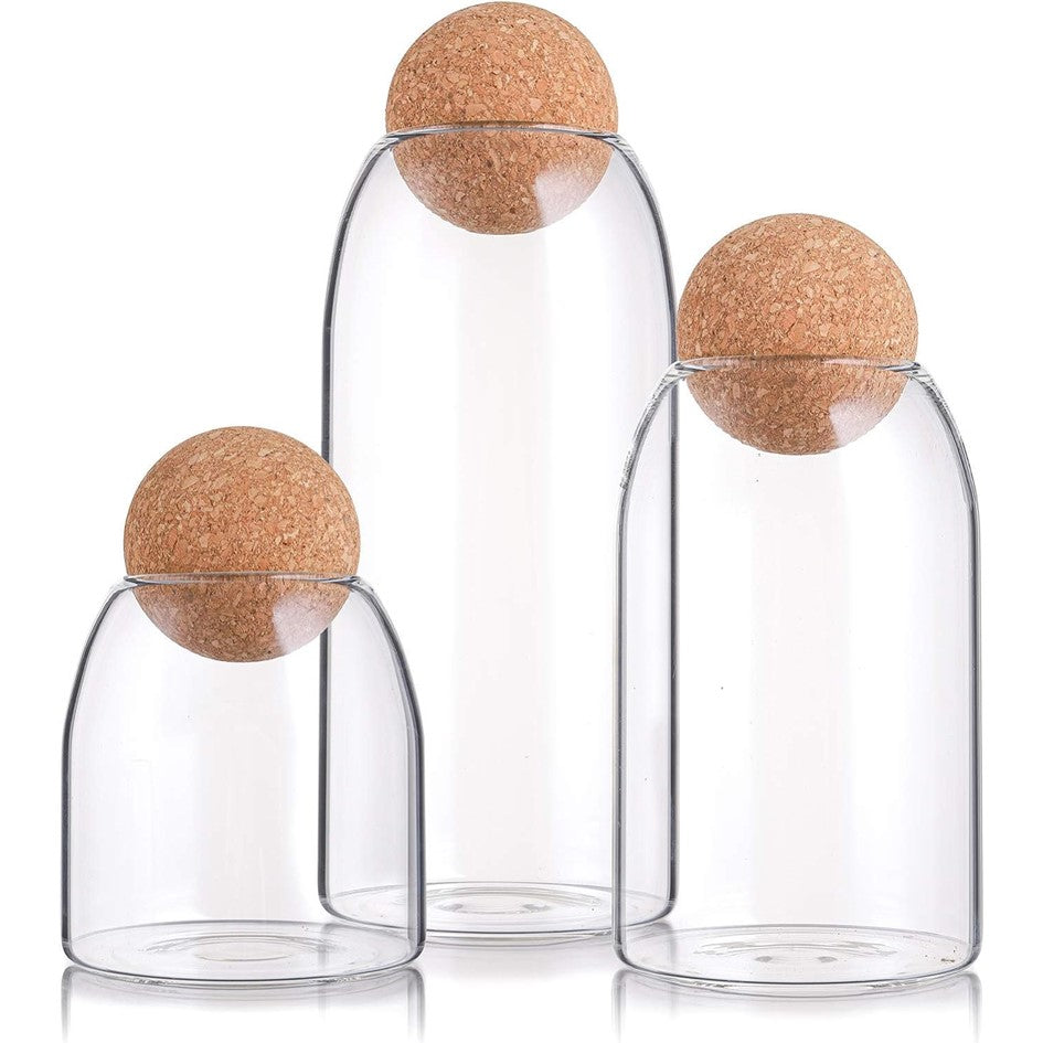 Set 3 tarros de Almacenamiento de Vidrio con Tapa de Corcho Esférica
