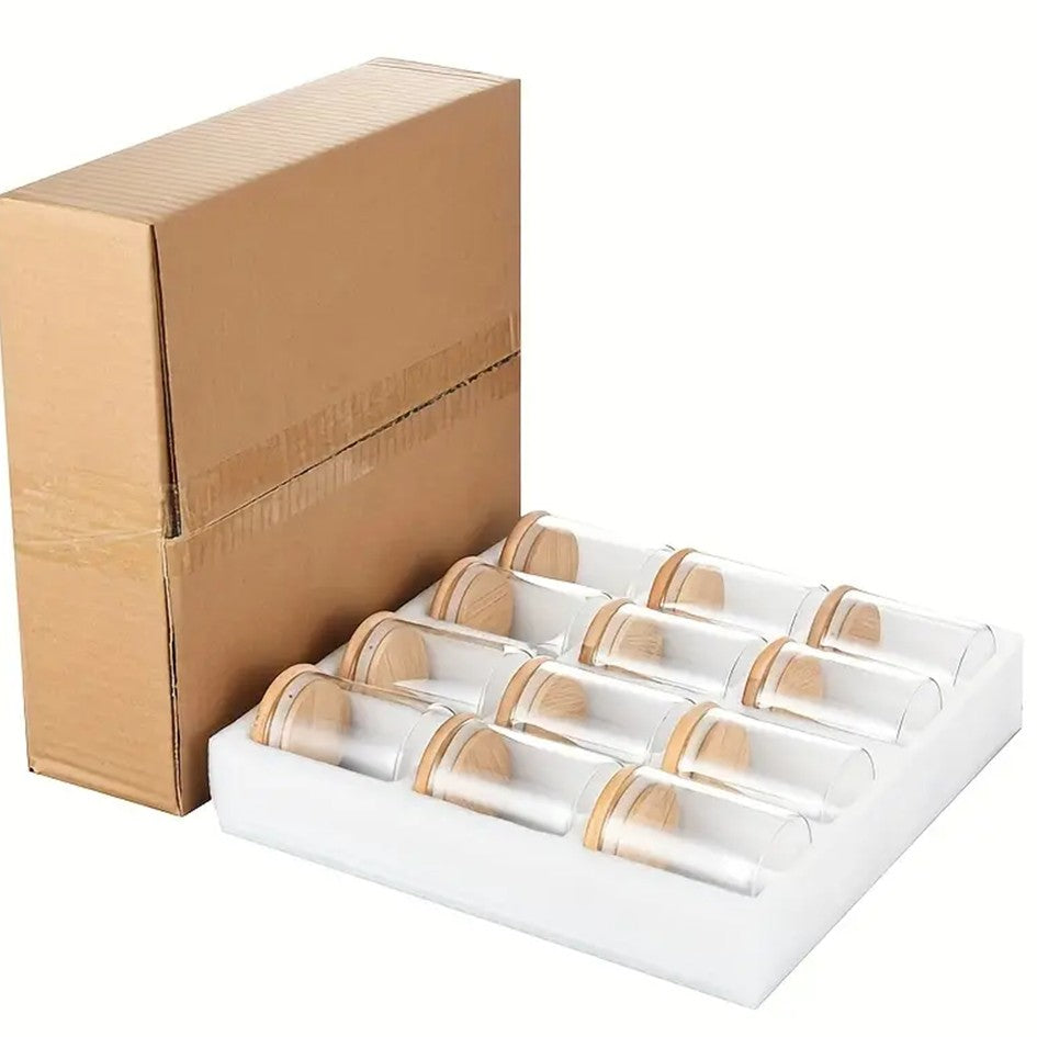 12 Frascos Especias Con Tapa De Bambú + Etiquetas Adhesivas