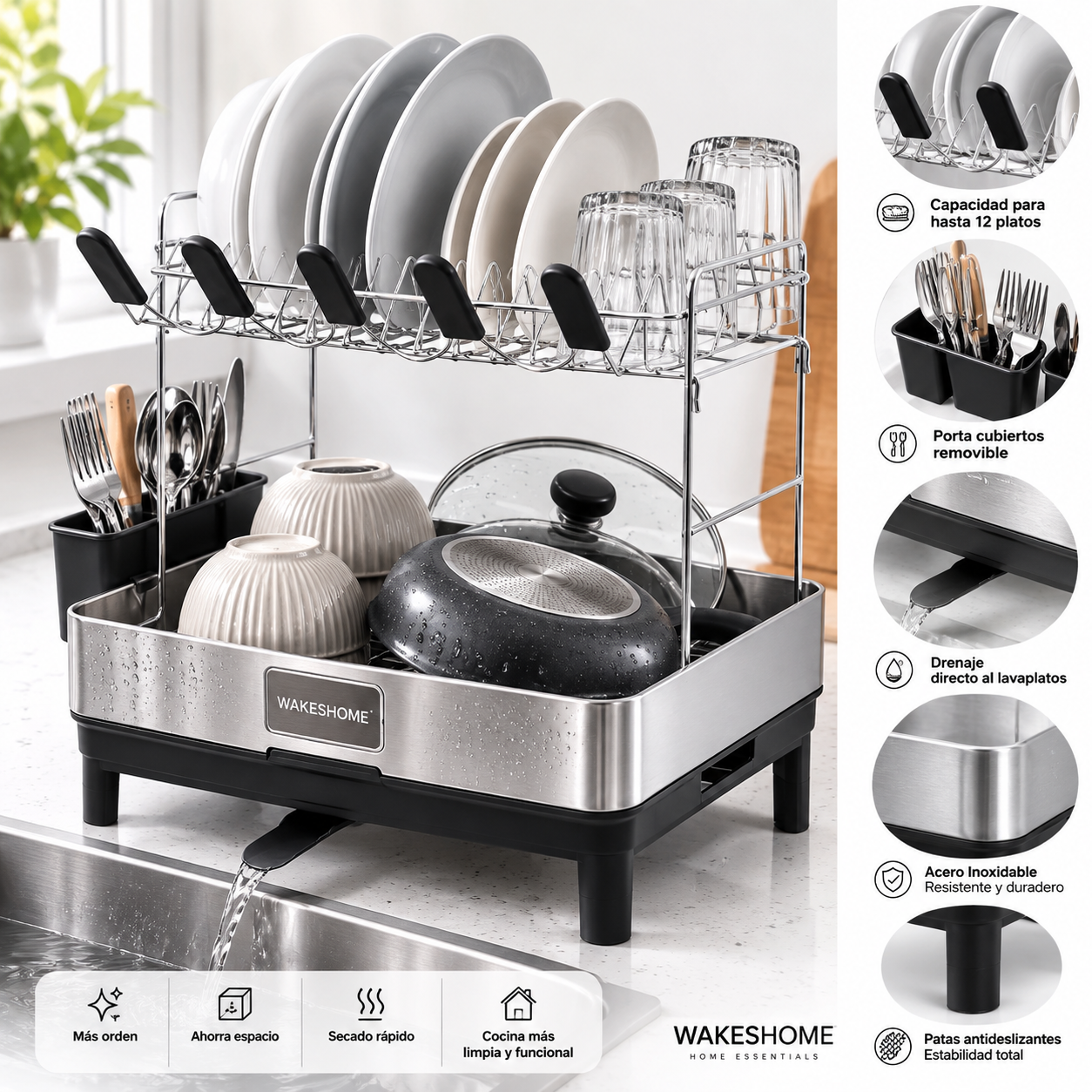 Escurridor De Platos Inoxidable De 2 Niveles Organizador De Cocina