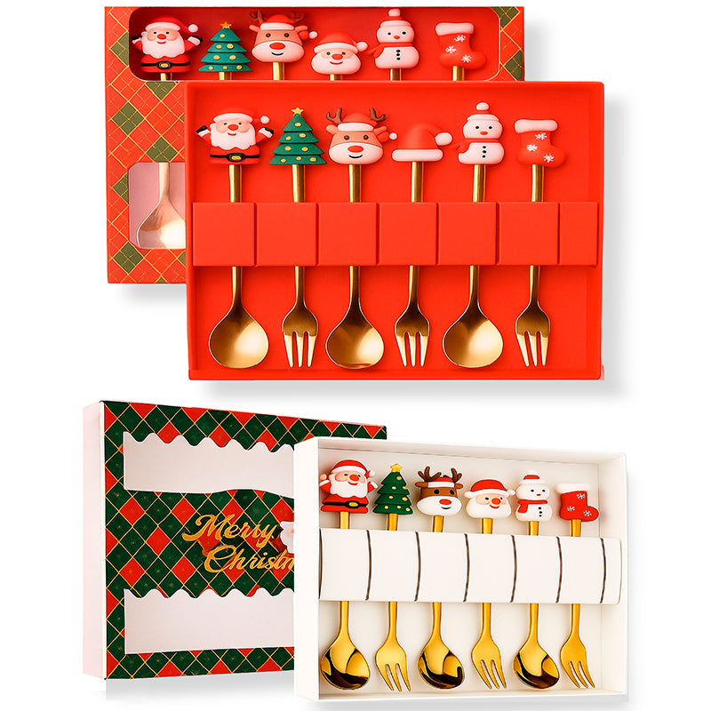 Decoración Navideña Set 6 Cubiertos Mesa Cuchara Y Tenedor Surtido