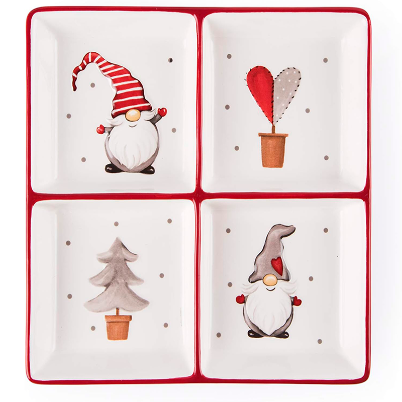 Plato Aperitivo Navideño 4 Compartimentos Gnomos Cerámica 19 Gnomo
