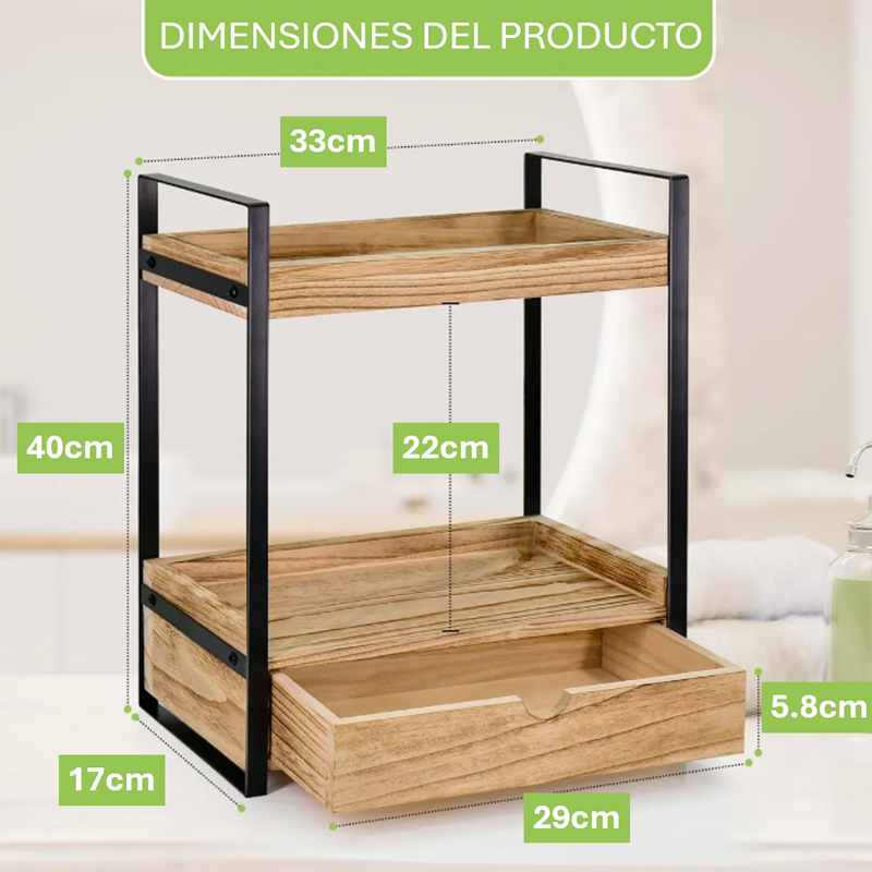 Organizador de Baño Cocina 2 Niveles con Cajon para Encimera Hogar Madera