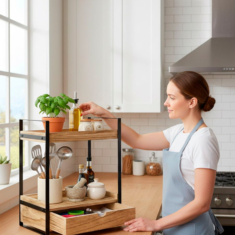 Organizador de Baño Cocina 2 Niveles con Cajon para Encimera Hogar Madera