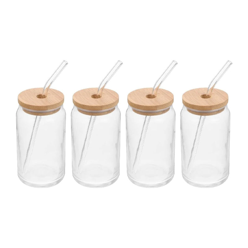 Pack de 4 Vasos Lata de Vidrio con Tapa de Bambú y Bombilla 350ml
