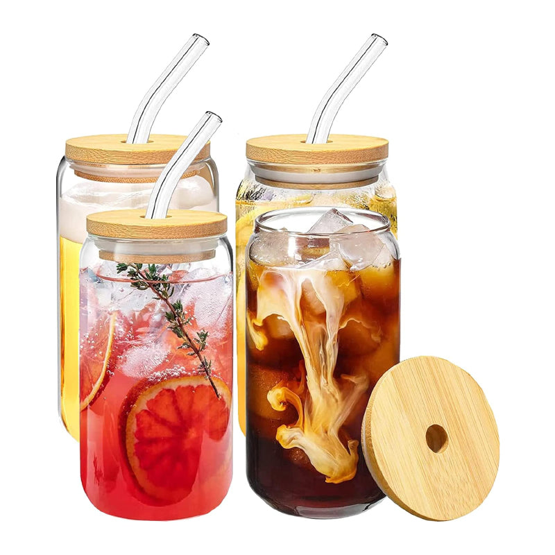 Pack de 4 Vasos Lata de Vidrio con Tapa de Bambú y Bombilla 350ml