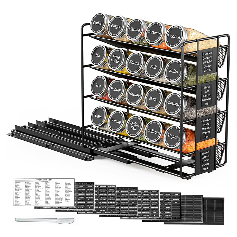 20 Condimenteros De Vidrio + Estante Desplegable Y Etiquetas Negro