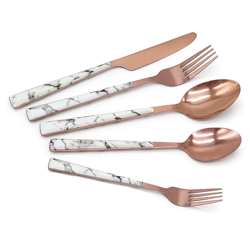 Juego De Cuchilleria 6 Piezas Gold Rose Mango Efecto Mármol Cucharilla Cuchara Tenedor