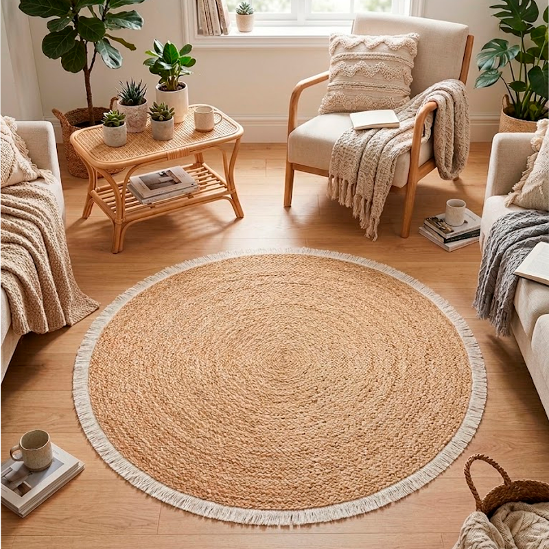 Alfombra Redonda Estilo Yute Tejida Para Living Resistente Mascotas