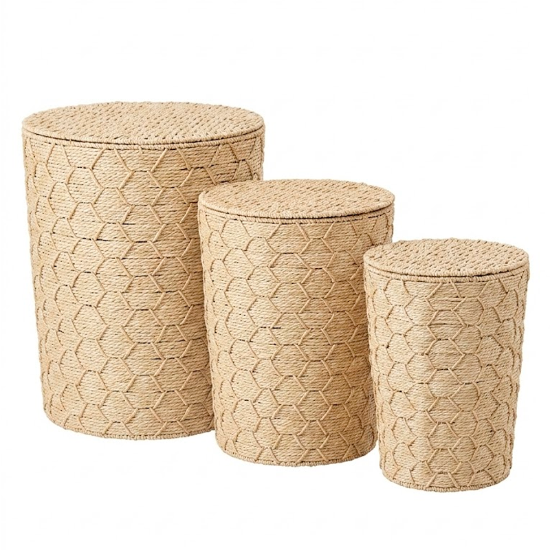 Set de 3 Canastos Organizadores de Fibra Natural con Tapa Estilo Boho