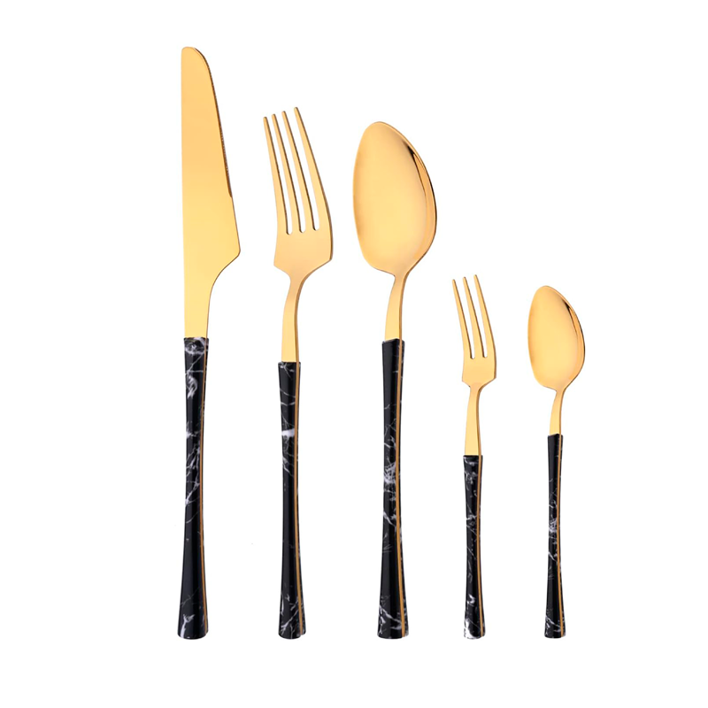 Juego De Cuchilleria 6 Piezas Dorado Mango Efecto Mármol Cuchara Cucharilla Tenedor