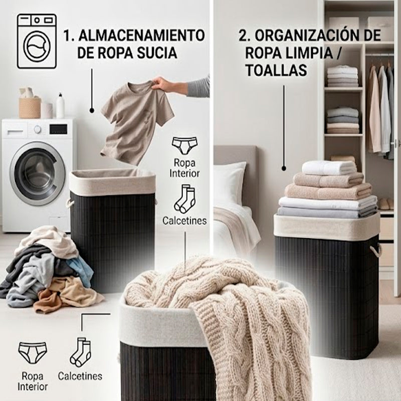Canasto Cesto Ropa Sucia Pleglable Look Bambu Grande Tapa Im