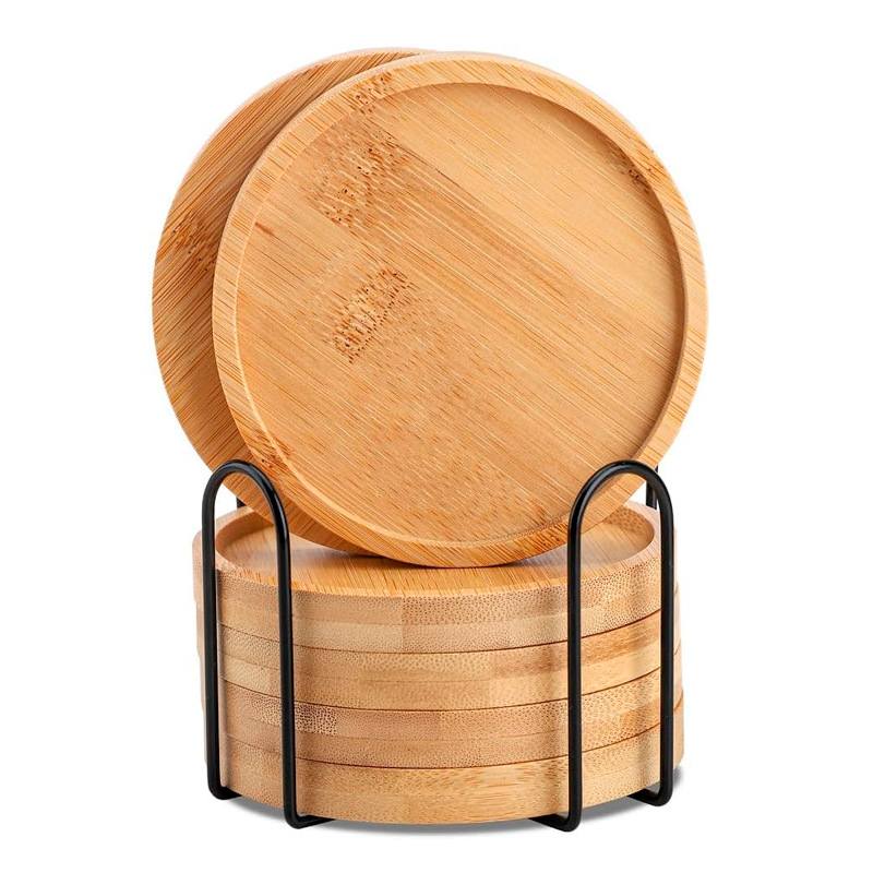 Set 6 Posavasos Circulares de Bambú con Soporte
