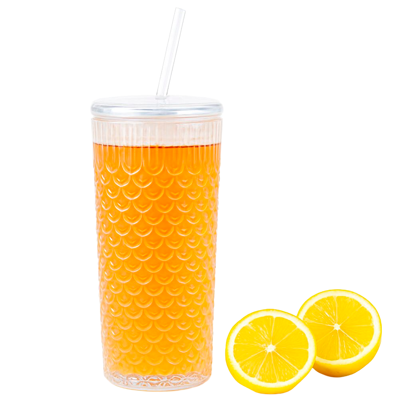 Vaso de Vidrio en Relieve con Tapa y Bombilla 650ml
