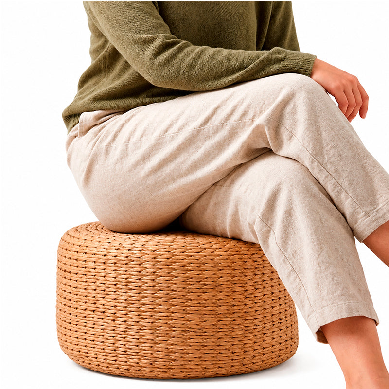 Puff Redondo Para Living De Ratan Natural 43x27cm Reposapies