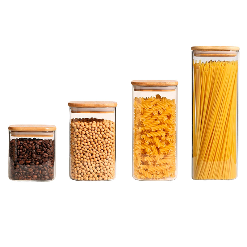 Set 4 Tarros de Almacenamiento Recipientes de Vidrio Tapa de Bambú