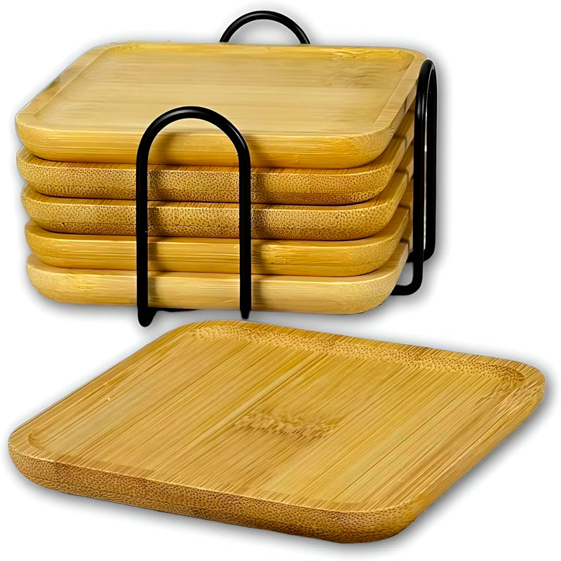 Set 6 Posavasos Cuadrados de Bambú con Soporte