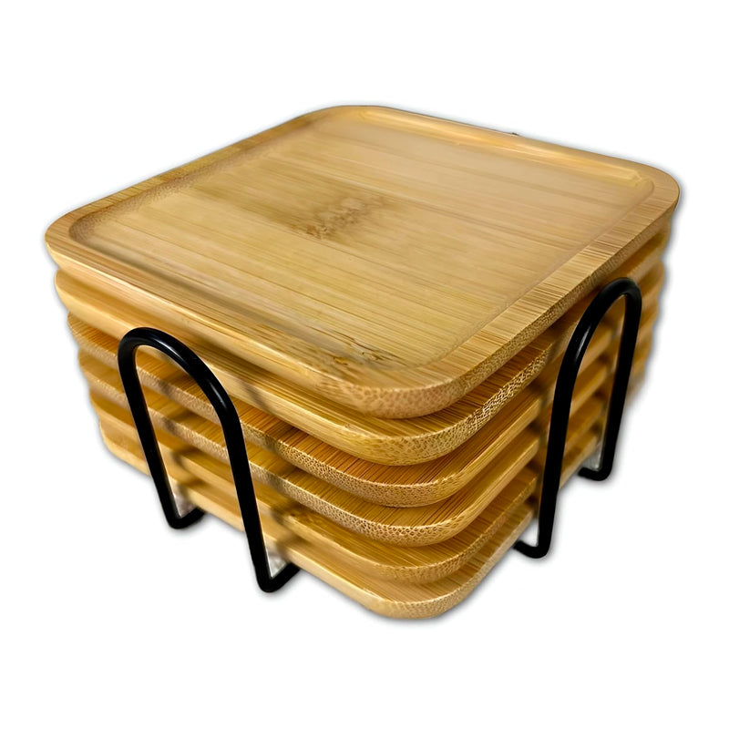 Set 6 Posavasos Cuadrados de Bambú con Soporte
