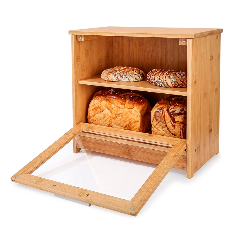 Panera Grande de Bambú para Encimera de Cocina Contenedor de Pan de 2 Niveles