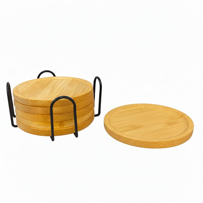 Set 6 Posavasos Circulares de Bambú con Soporte