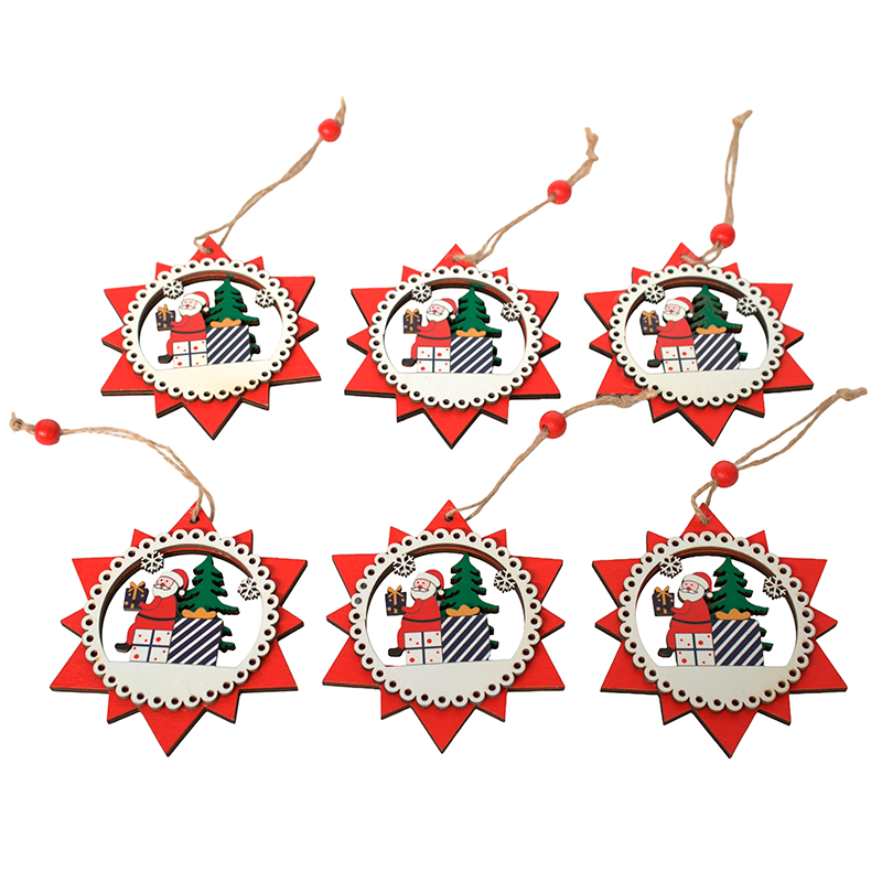 Pack 6 Adorno De Navidad Madera Decoracion De Pascua Para Arbolito 10cm