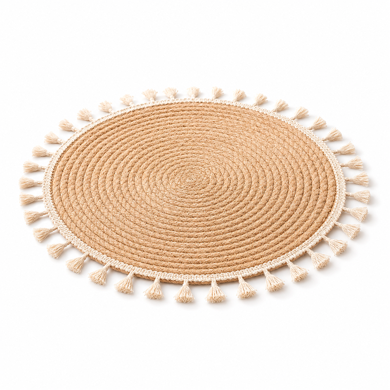 Individual Trenzado Mantel Redondo De 28cm Ratan Natural con Borlas
