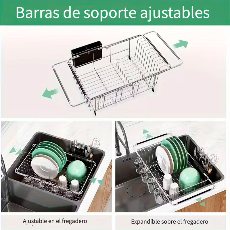 Organizador Compacto con Porta Utensilios Escurridor de Platos Ajustable para Fregaderos