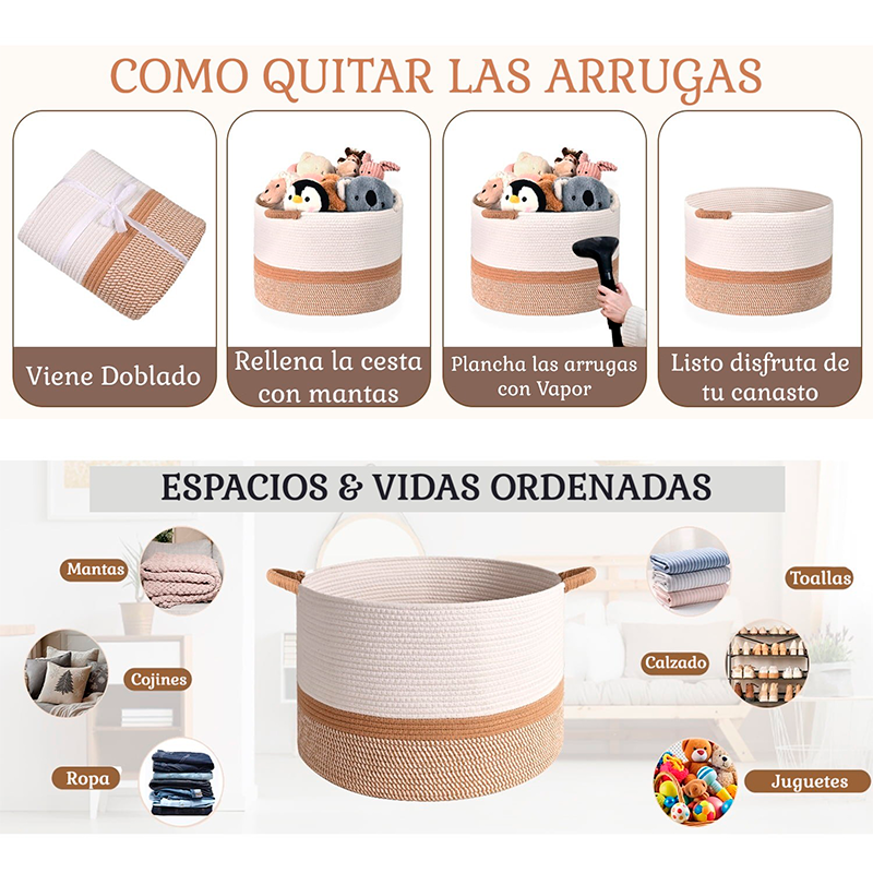 Canasto Ropa Sucia 50cm Cesto Organizador Con Asa Juguetes Blanco Y Cafe