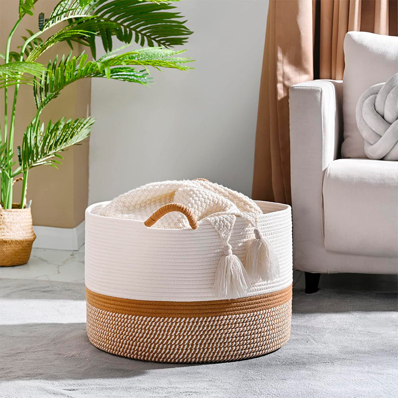 Canasto Ropa Sucia 50cm Cesto Organizador Con Asa Juguetes Blanco Y Cafe