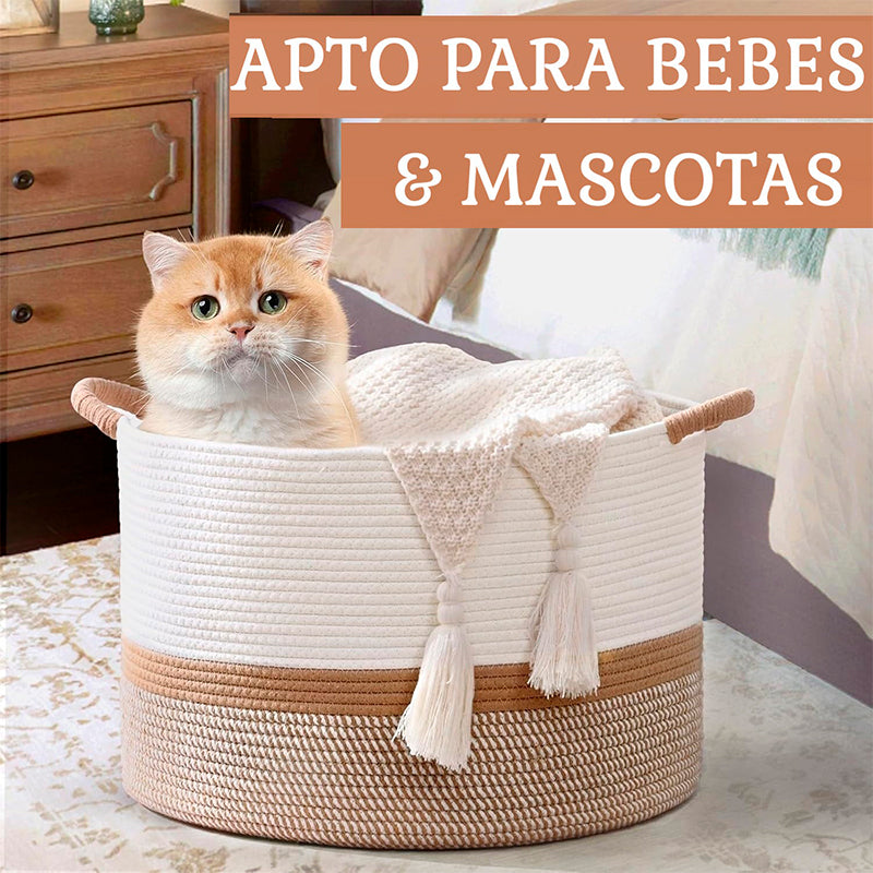 Canasto Ropa Sucia 50cm Cesto Organizador Con Asa Juguetes Blanco Y Cafe