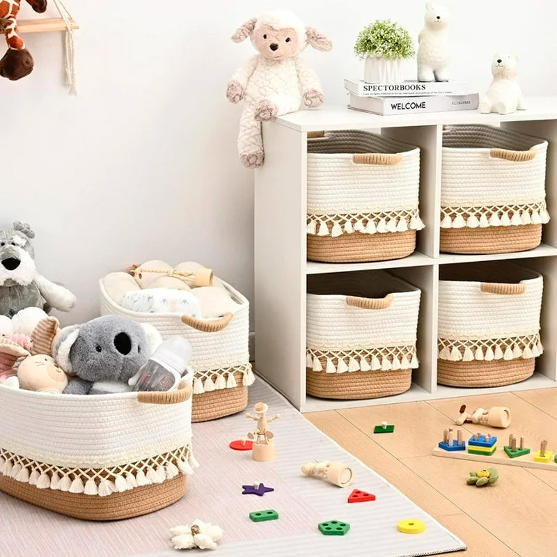 Pack 3 Canasto Tejido Bordado con Asas Cesta Cuadrada para Organizar