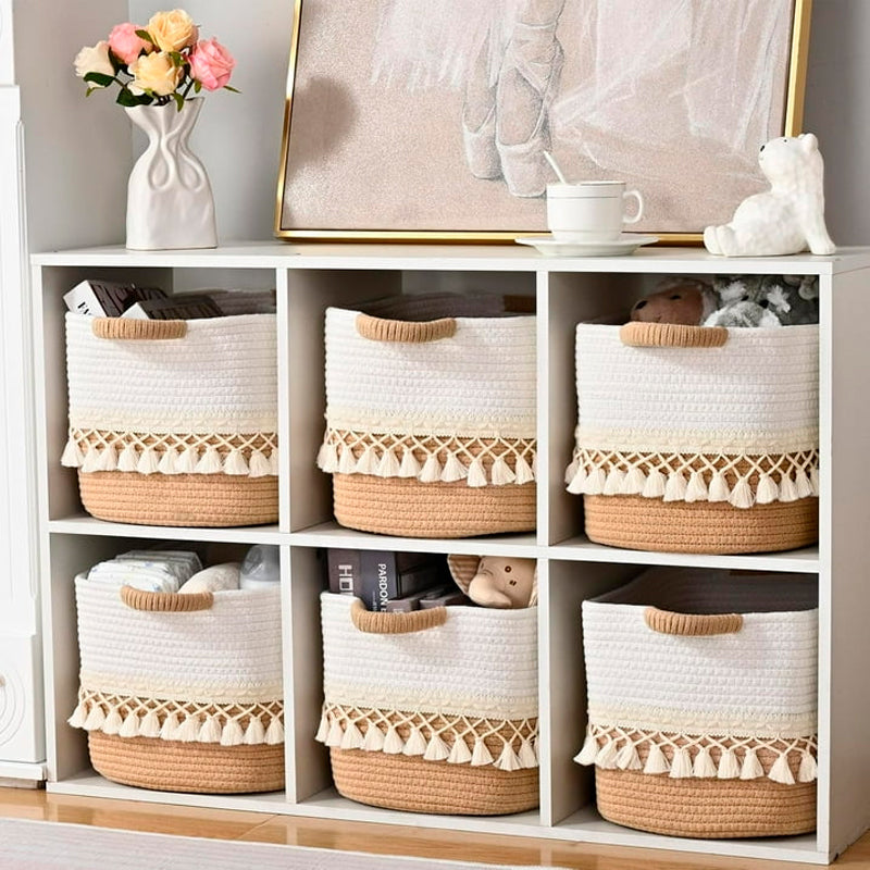 Pack 3 Canasto Tejido Bordado con Asas Cesta Cuadrada para Organizar