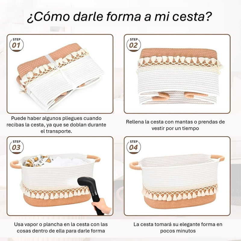 Pack 3 Canasto Tejido Bordado con Asas Cesta Cuadrada para Organizar