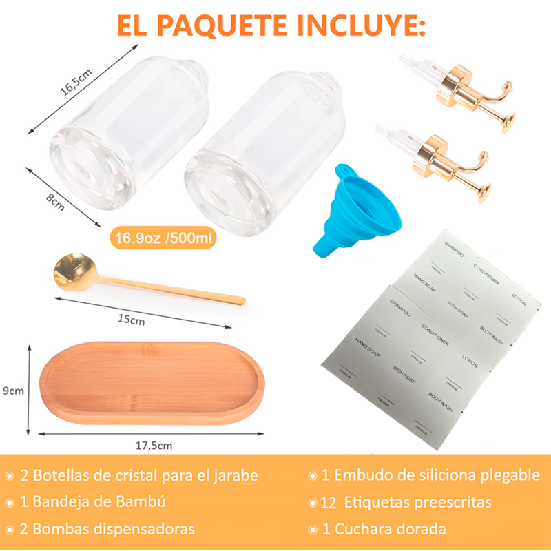 2 Botella Dispensador Baño o Cocina 500ml Dorado