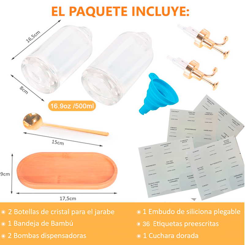 2 Dispensador De Jarabe de Cafe Para Barra Con Bandeja Botella De Sirope 500ml Dorado