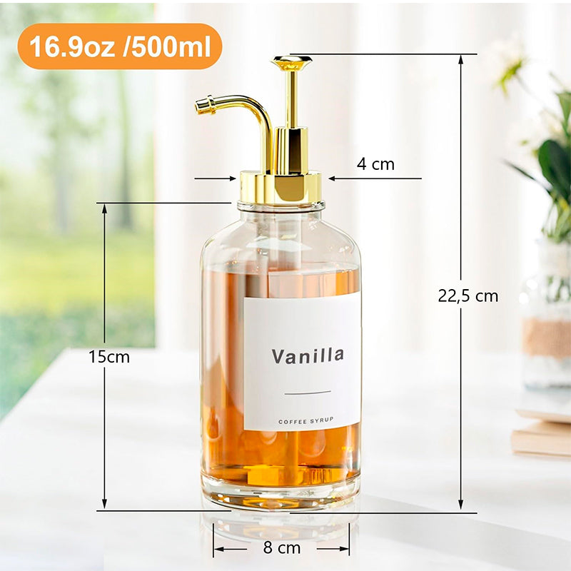 2 Dispensador De Jarabe de Cafe Para Barra Con Bandeja Botella De Sirope 500ml Dorado