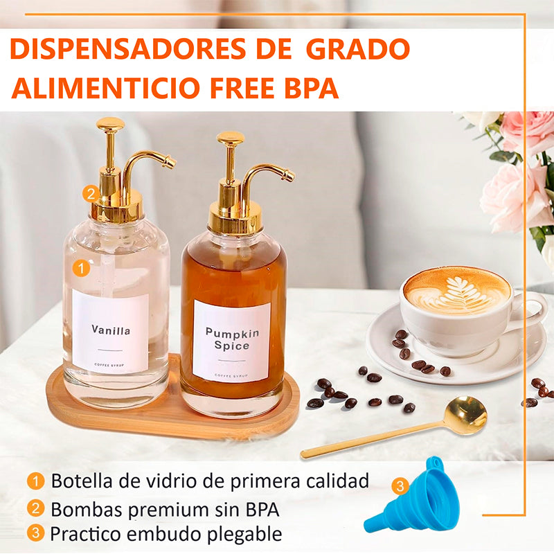 2 Dispensador De Jarabe de Cafe Para Barra Con Bandeja Botella De Sirope 500ml Dorado