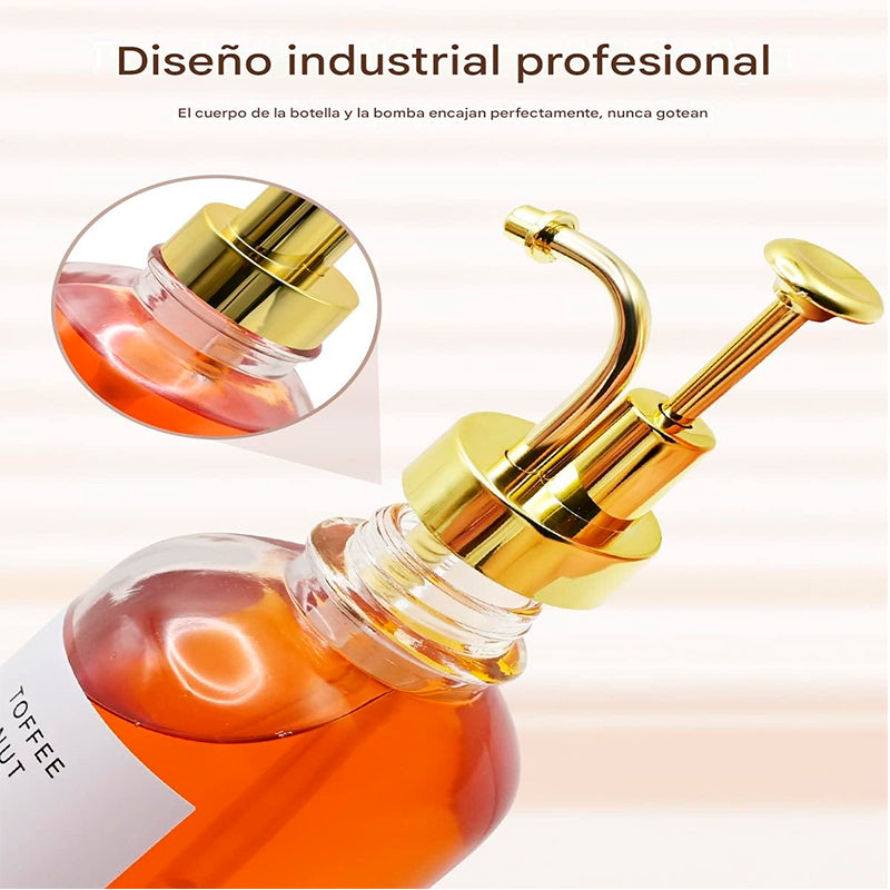 2 Dispensador De Jarabe de Cafe Para Barra Con Bandeja Botella De Sirope 500ml Dorado