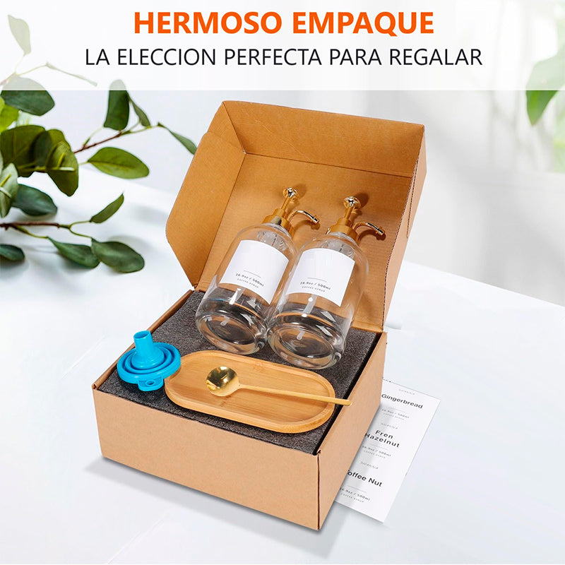 2 Dispensador De Jarabe de Cafe Para Barra Con Bandeja Botella De Sirope 500ml Dorado